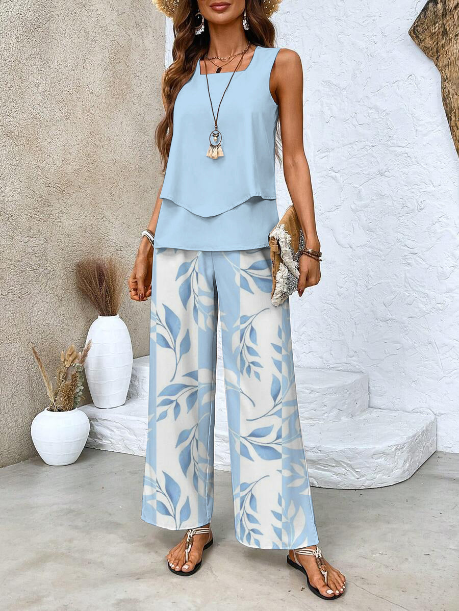 Women's Sleeveless And Wide Leg Pants Set - 
Fashinoza