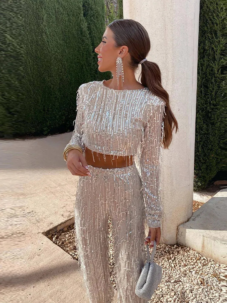 Women's Sequin And Pants Set - 
Fashinoza