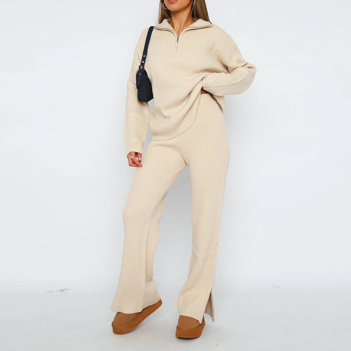 Women's Sweater Pants Set Zip Closure Ribbed