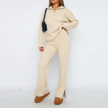 Women's Sweater Pants Set Zip Closure Ribbed