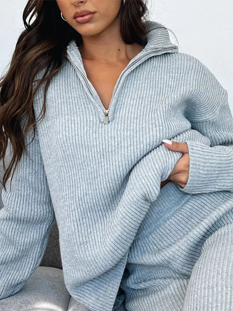 Women's Sweater Pants Set Zip Closure Ribbed