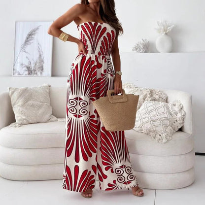 Women's Strapless Jumpsuit Wide Leg Abstract Print