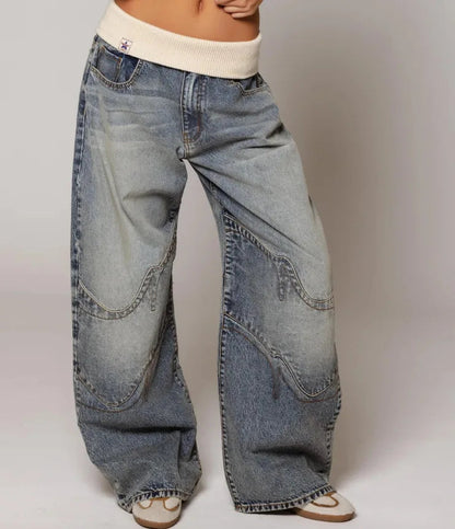 Women's Wide Leg Pants Contrast Waistband - 
Fashinoza