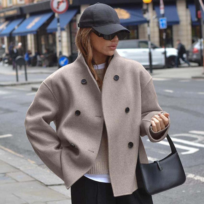 Women's Short Stand-Up Collar Jacket Contrast Buttons - 
Fashinoza