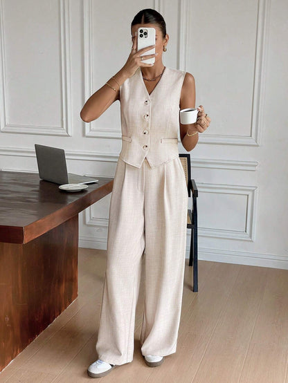Women's Sleeveless Two Piece Set Wide Leg Pants - 
Fashinoza