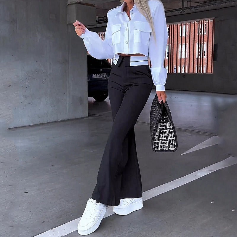 Women's Crop High-Waisted Pants Set - 
Fashinoza