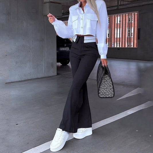 Women's Crop High-Waisted Pants Set - 
Fashinoza