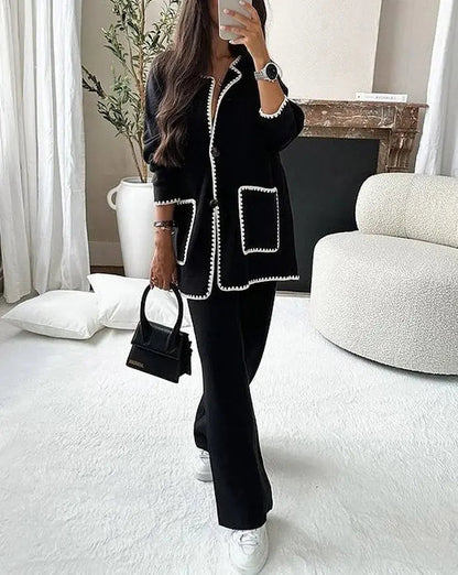 Women's 2 Piece Suit Button Jacket Wide Leg Pants