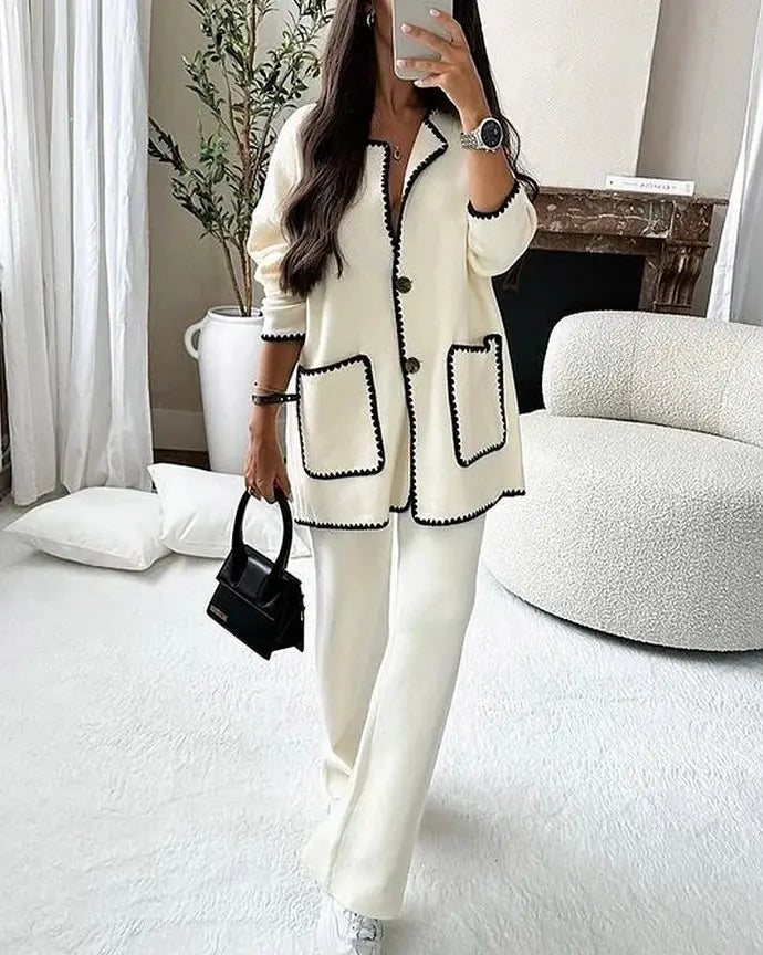 Women's 2 Piece Suit Button Jacket Wide Leg Pants - 
Fashinoza