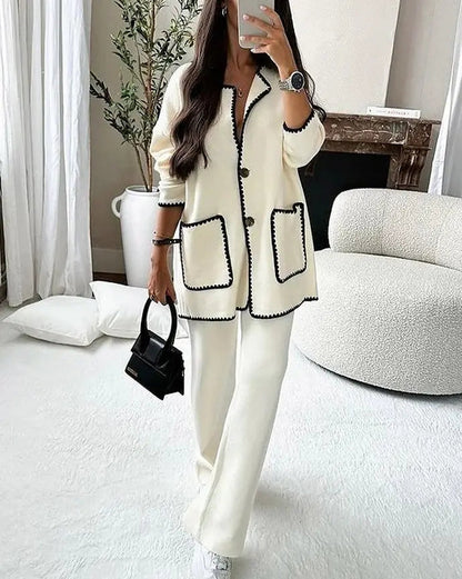Women's 2 Piece Suit Button Jacket Wide Leg Pants - 
Fashinoza