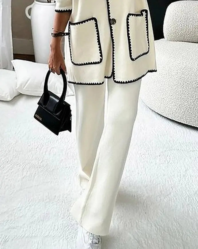 Women's 2 Piece Suit Button Jacket Wide Leg Pants