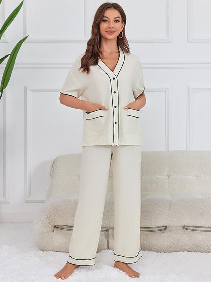 Women's Two Piece V Neck Wide Leg Pants Set