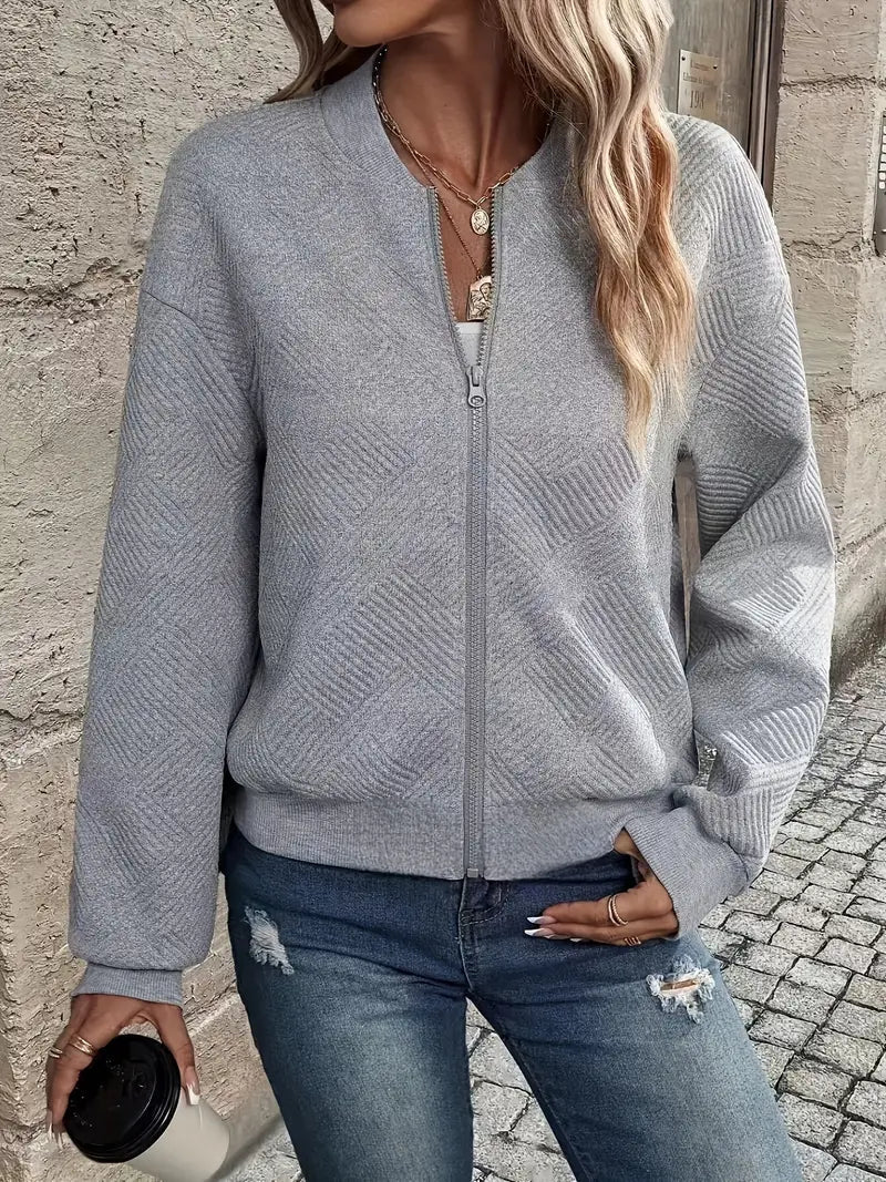 Women's Zip-Up Cardigan Textured Ribbed Hem Long Sleeves