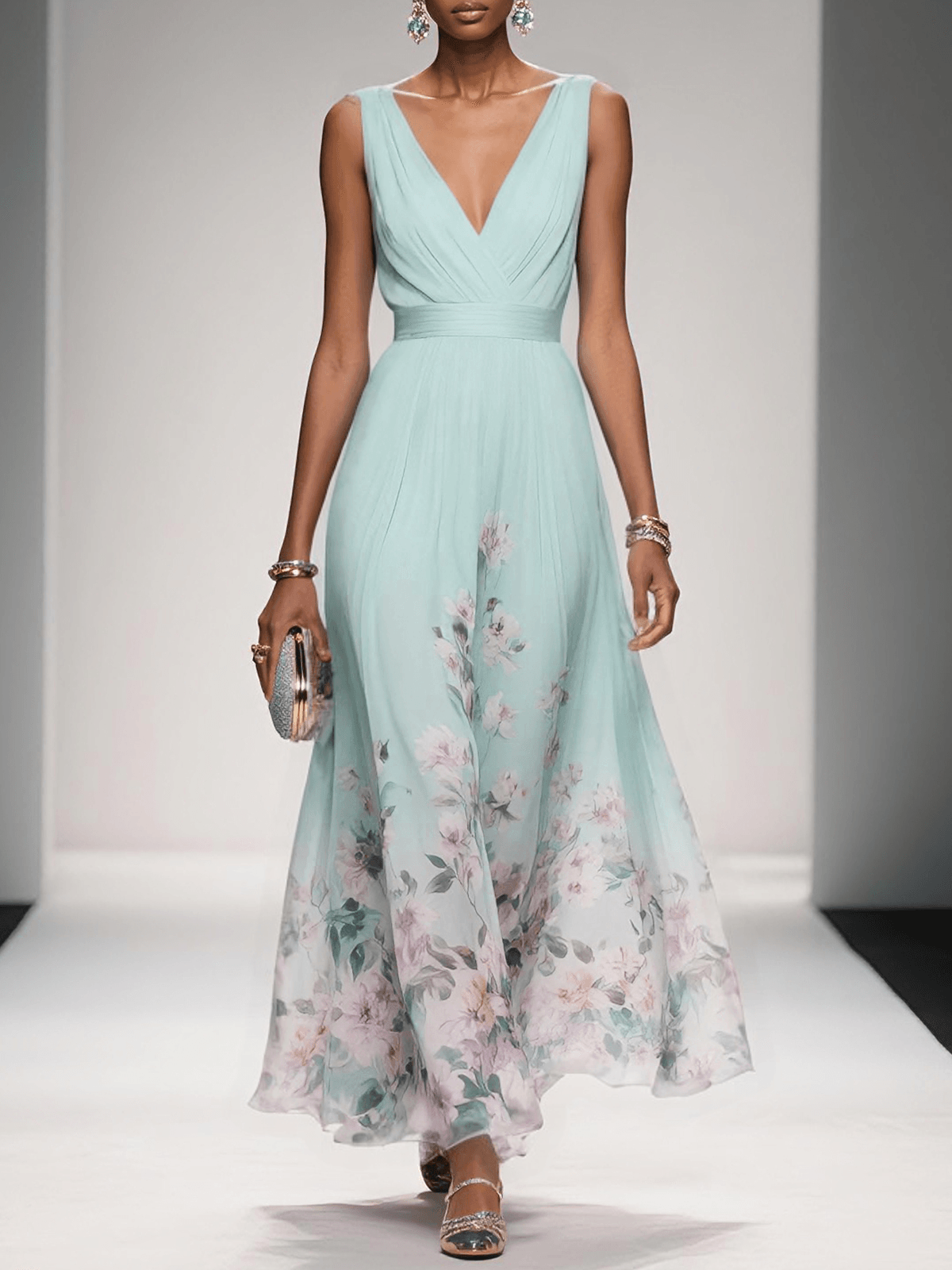 Women's Floral Maxi Dress Sleeveless V-Neck