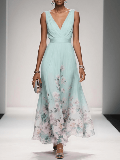 Women's Floral Maxi Dress Sleeveless V-Neck