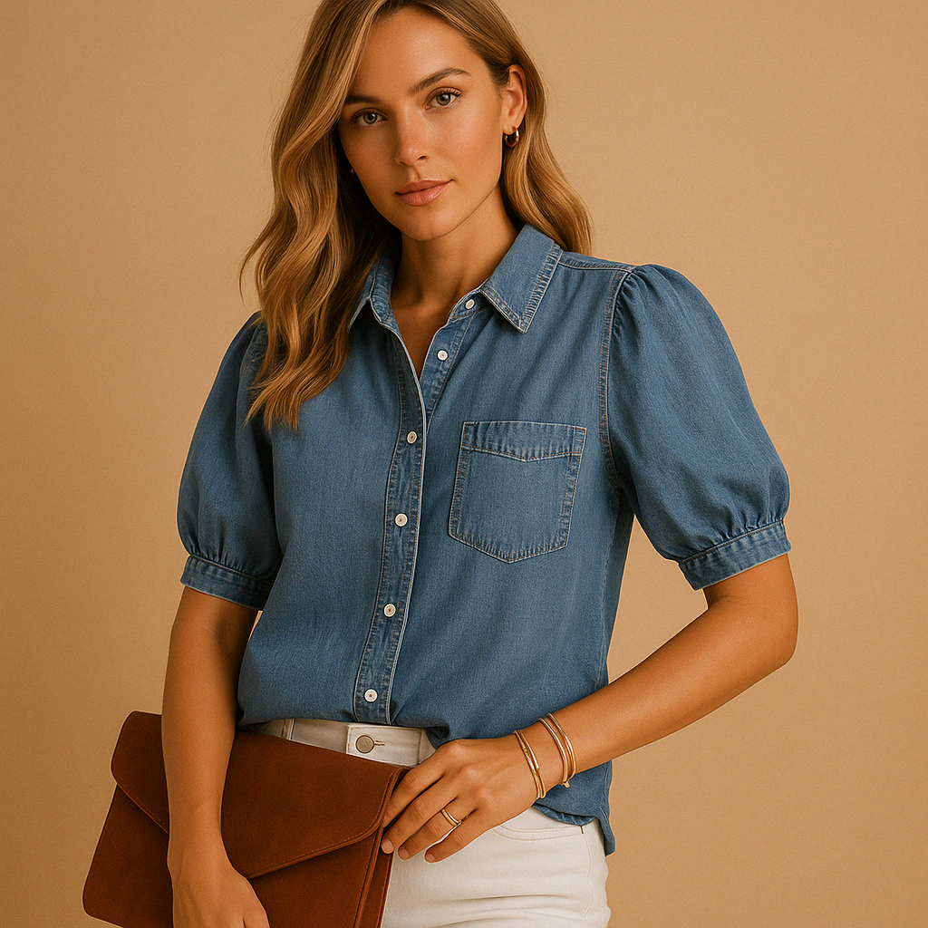 Women's Denim Button Up Blouse - 
Fashinoza