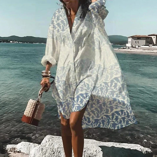 Women's Printed Shirt Dress Long Sleeve Collar - 
Fashinoza