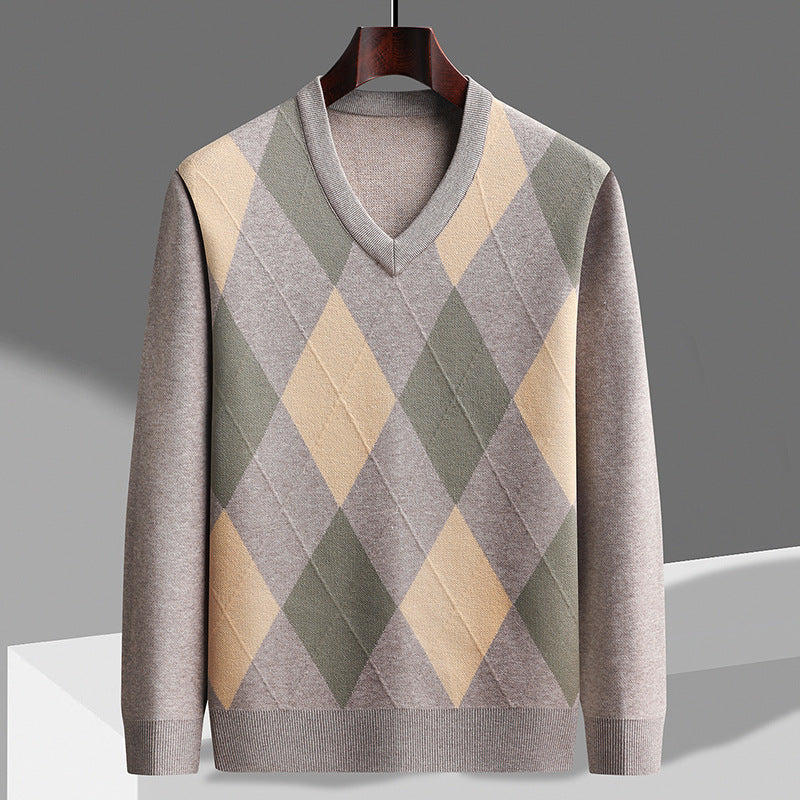 Men's V-Neck Argyle Sweater - Fashinoza