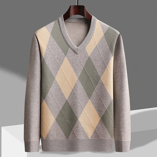 Men's V-Neck Argyle Sweater - Fashinoza