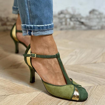 Women's Patchwork Heels T-Strap Closed Toe - Fashinoza