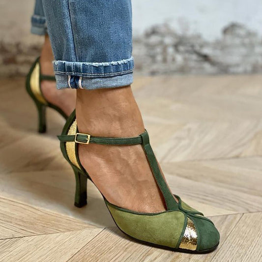 Women's Patchwork Heels T-Strap Closed Toe - Fashinoza
