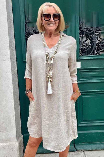 V-neck 3/4 Sleeves Loose Bohemian Dress