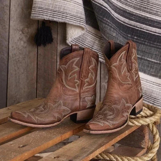 Women's Embroidered Ankle Cowboy Boots - Fashinoza