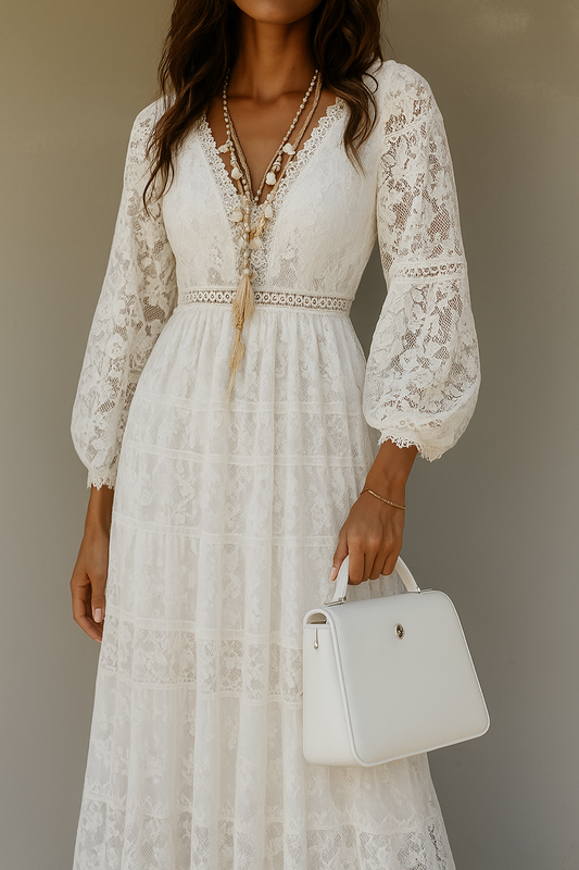 Women's V-Neck Lace Maxi Dress - Fashinoza