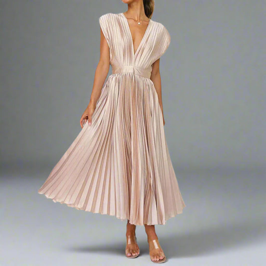 Women's Pleated V-Neck Midi Dress - Fashinoza