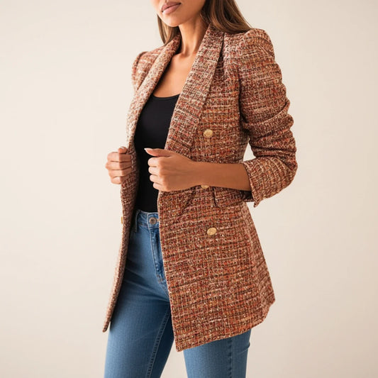 Women's Double Breasted Blazer Longline Wool Black - Fashinoza