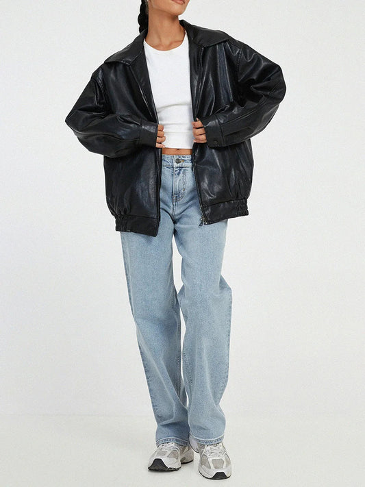 Women's Leather Bomber Jacket Zipper Front Black - Fashinoza