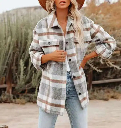 Women's Plaid Flannel Jacket Oversized Cozy - Fashinoza