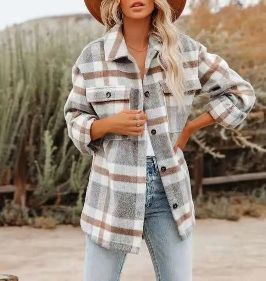 Women's Plaid Flannel Jacket Oversized Cozy - Fashinoza