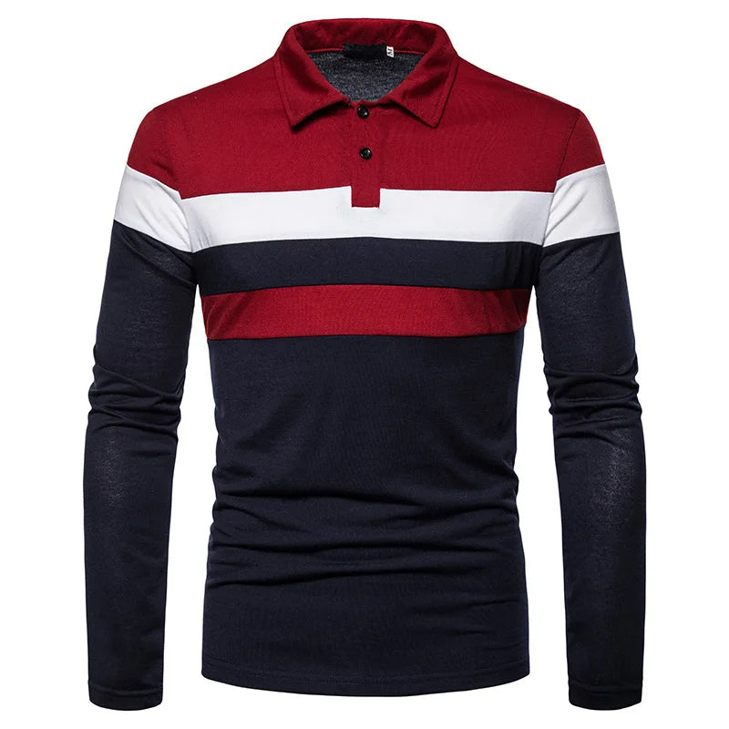 Men's Striped Long Sleeve Polo Shirt Cotton