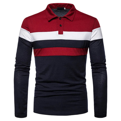 Men's Striped Long Sleeve Polo Shirt Cotton