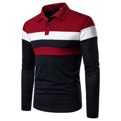 Men's Striped Long Sleeve Polo Shirt Cotton