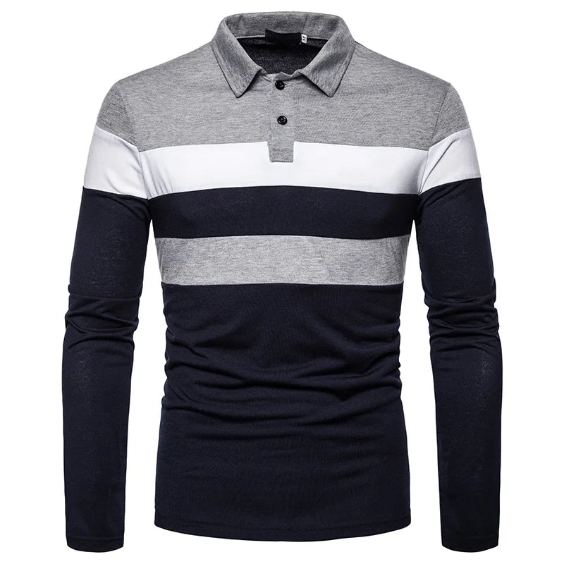 Men's Striped Long Sleeve Polo Shirt Cotton
