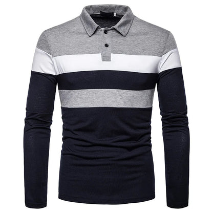 Men's Striped Long Sleeve Polo Shirt Cotton