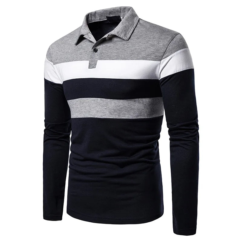 Men's Striped Long Sleeve Polo Shirt Cotton