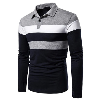 Men's Striped Long Sleeve Polo Shirt Cotton