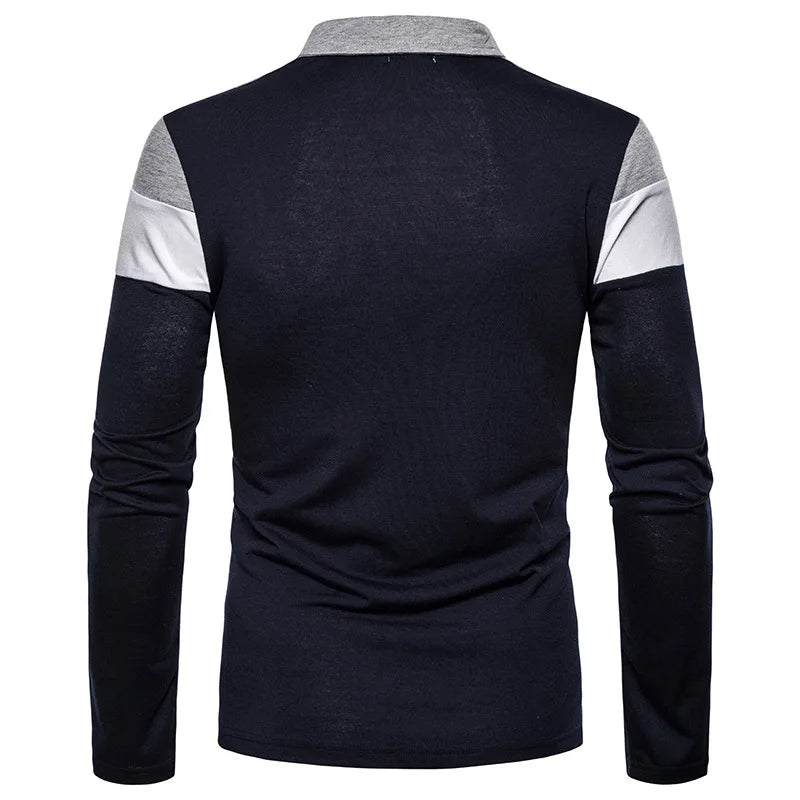 Men's Striped Long Sleeve Polo Shirt Cotton