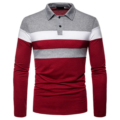 Men's Striped Long Sleeve Polo Shirt Cotton