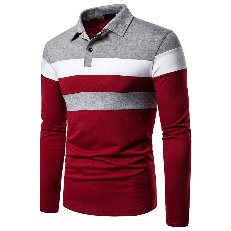 Men's Striped Long Sleeve Polo Shirt Cotton