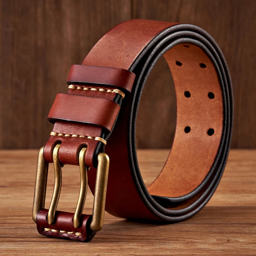 Lancaster Men's Leather Belt Double Pin Vintage Design - Fashinoza