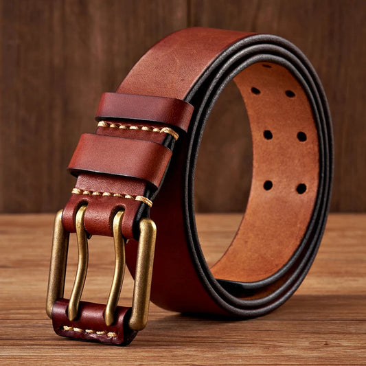 Lancaster Men's Leather Belt Double Pin Vintage Design - Fashinoza