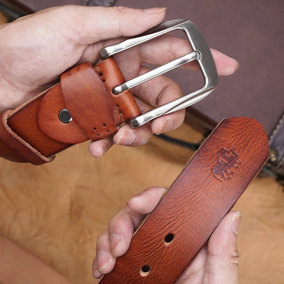 Men's Vintage Leather Belt Cowhide Brown