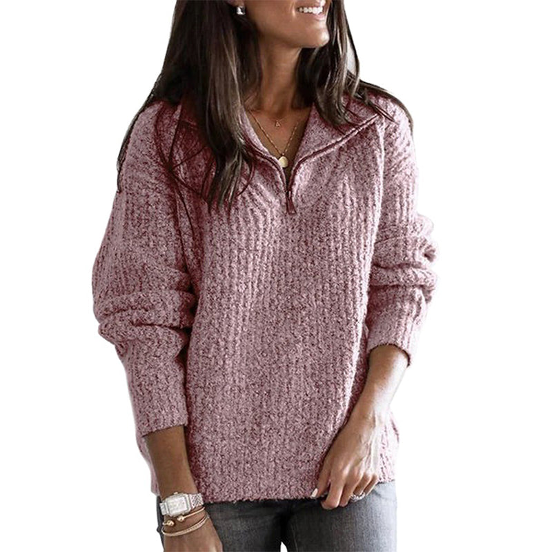 Women's Relaxed Fit Half Zip Sweater Textured Knit Collar Beige