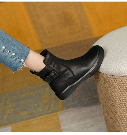 Women's Mid-Ankle Boots Flat Sole Side Buckle Brown