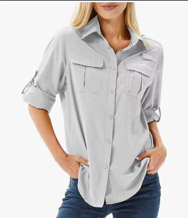 Women's Long Sleeve Hiking Shirt UPF 50 Roll-Up Safari Style