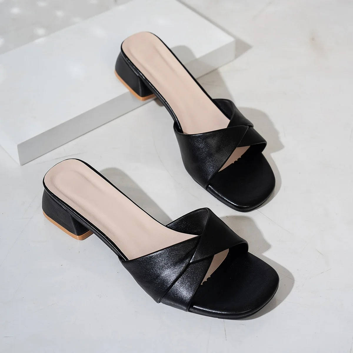 Women's Block Heel Slide Sandals Open Toe Crossover Strap